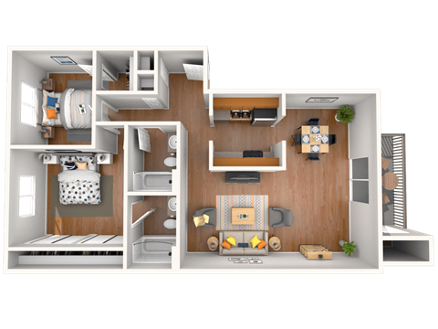 Floor plan for 2 beds, 2 baths, 1025 sqft